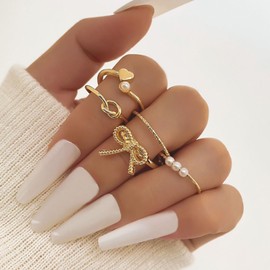 Gold Bow Rings Set for Women Trendy Ribbon Heart Rings Pearl Ring Silver Stackable Rings Adjustable Open Knuckle Midi Rings Jewelry Gifts