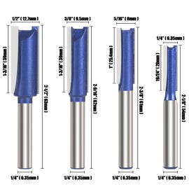Vearter Double Flute Straight Router Bit Set 1/4 Inch Shank 4PCS, Woodworking Milling Cutter Tool for Groove, Dado, Hollow - 1/4", 5/16", 3/8", 1/2" Cutting Dia