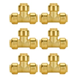 SUNGATOR 6-Pack 1/2-Inch Push Fit Plumbing Tee, Push-to-Connect Plumbing Fittings, Brass Pipe Connector T Fittings for Copper, PEX, CPVC, Lead Free Certified
