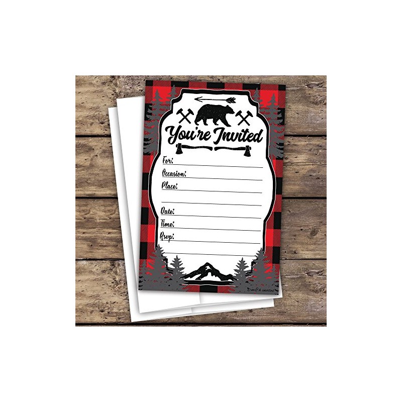 Lumberjack Rustic Birthday Party or Baby Shower Invitations (20 Count)