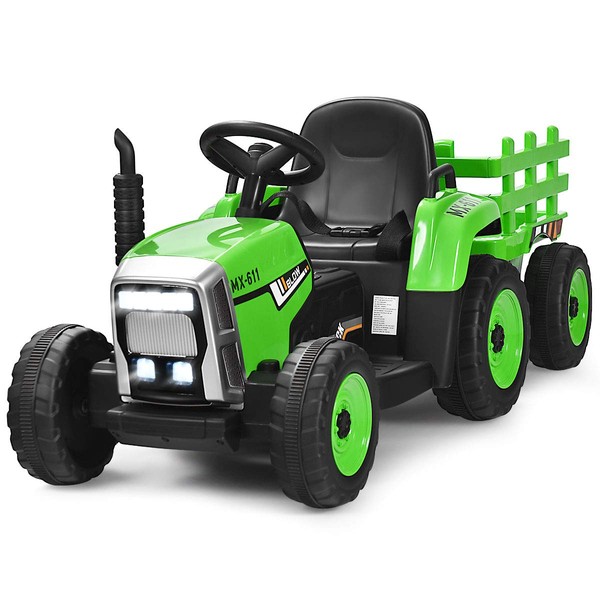 Costzon Ride on Tractor w/Trailer, 12V Battery Powered Electric Vehicle Toy w/Remote Control, 3-Gear-Shift Ground Loader, Treaded Tires, USB, LED Lights, Audio, Safety Belt, Kids Car (Green)