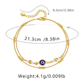 14K Gold Evil Eye Statement Anklets, Adjustable Double Layer Gold Beaded Cross Anklets, Blessing Protecting Jewelry Gifts for Women Teen Girls (Gold)