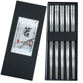 Chopsticks Stainless Steel 5 Pairs, Japanese Metal High-Quality Reusable Chopsticks Titanium Chopsticks Holder, Environmentally Friendly Healthy Restaurant (Gift Packaging)