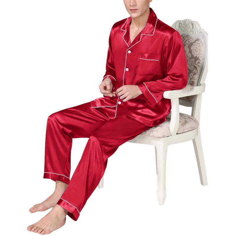 SWOMOG Men's Pajama Set Silk Satin Pajamas Classic Button-Down Sleepwear