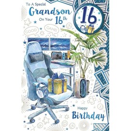 Grandson 16th Birthday Card & Badge - Age 16 Gaming Chair Desk Blue Foil 9x6"