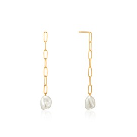 ANIA HAIE 925 Sterling Silver Long Freshwater Pearl Chunky Chain Drop Earrings, Gold Plated