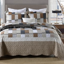ENJOHOS 3PC Queen Quilt Sets with Shams Navy and Brown Blocks Patchwork Quilt Lightweight Reversible Bed Coverlet All Season Bedspread for Queen Bed Patch Plaid Daybed Bedding (Multi Patch)