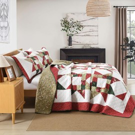 camandy Cotton Quilt Bedding Sets 3 Pieces Soft Reversible Coverlets Luxury Star Real Patchwork Bedspread, Red White, King Size