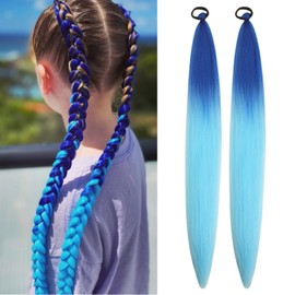 Blue Braiding Hair Extension for Braids Ombre Synthetic Braid Ponytail Extensions with Elastic Tie Fashion Festival Rave Hair Accessories(Pack of 2)