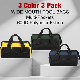 3 Pack Tool Bag for Men with Waterproof Hard Bottom, Heavy Duty Tool Bag Wide Mouth Tool Tote for Various Tools, Electrician Carpenter Mechanic (Blue, Yellow, Army Green,13 Inch)