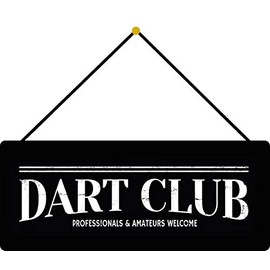 Schatzmix Dart Club Black Metal Sign 27 x 10 cm Wall Decoration Tin Sign with Cord Metal Sign, Sheet Metal, Multicoloured, 27 x 10 cm