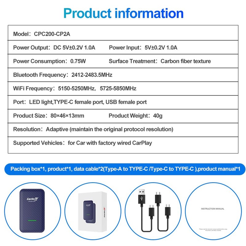 CarlinKit 4.0 CP2A Adapter for Wired CarPlay Car, 2 in