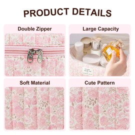 GISMTR Makeup Bag, Floral Quilted Cosmetic Bag, Large Travel Aesthetic Make up Bag, Cute Coquette Toiletry Bag for Women Girls, Flower F