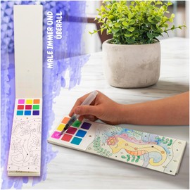 Festicy Watercolour Colouring Book with Water Tank Brush, 25 Pages with Watercolours for Children and Adults on the Go, Watercolour Painting Book, Watercolour Drawings, Gouache, Colouring Book