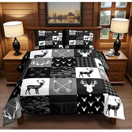 Camo Deer Comforter Set King Size,Western Rustic Farmhouse Xmas Bedding Set,Kids Boys Girls Room Decor,Antlers Arrows Geometric Plaids Comforter,Black Grey Retro Duvet Insert,3pcs,2 Pillowcases