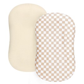 DILIMI Baby Lounger Covers, 2 Pack Muslin Newborn Lounger Cover, Soft Comfortable Removable Infant Pillow Slipcover for Girl and Boy, Beige & Brown Checkered (Lounger not Included)