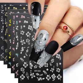 6Sheets Hibiscus Flower Nail Stickers Colorful Hibiscus Flowers Nail Art Stickers White Flower 3D Self Adhesive Set White Pink Nail Decals for Women Nail Supplies Spring Nail Decorations Accessories