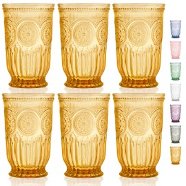 Yungala Amber Highball Glasses Set of 6 10 oz Vintage Hobnail Tall Drinking Glasses