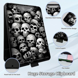 Clipboard with Storage,Plastic Storage Clipboard with Low Profile Clip,Nursing Clipboards with Storage with Pen Holder,for School,Office Supplies,Women, Man,with a Pencil,Black White Skull