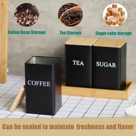 Tea Coffee Sugar Canister 1000 Ml Metal Coffee Tea Sugar Container with Airtight Bamboo Lid and Name Marker Food Storage Containers Jars for Coffee Sugar Tea Black Container Sets