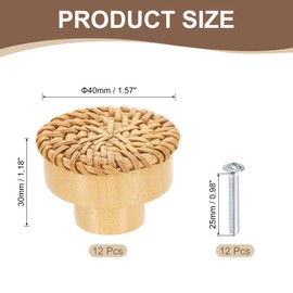 QUARKZMAN 12er Pack Rattan-Kommodenknöpfe, 1,57" Handgefertigte Rattan-Geflecht-Schubladenknöpfe Runde Buchenholz-Schrankknöpfe mit Schrauben für Möbel Kleiderschrank Schrank, Braun