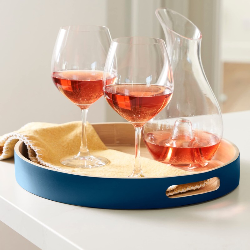 HABITAAS Spun Bamboo Round Wooden Tray, Blue, 13.75 Inches