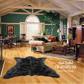 FUR ACCENTS Faux Fur Bear Skin Rug Soft Plush Shag Black Bear or Brown Bear Rug Living Room Family Room Den Bedroom Log Cabin Nursery Kids Room, Sheepskin Art rug (2'x4' Small, Black)