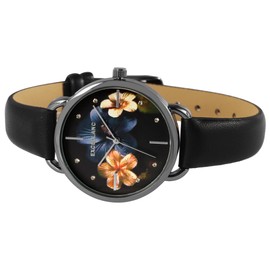 Excellanc 1900280 Women's Watch Faux Leather Flower Floral Analogue Quartz, black, Strap.