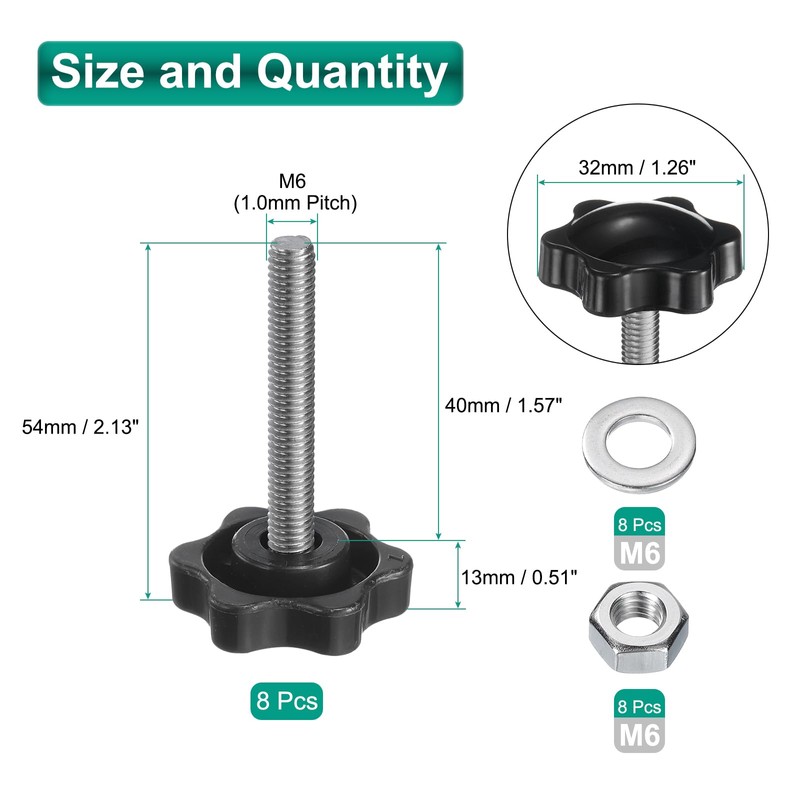 sourcing map 8pcs Star Clamping Knobs with Nuts Washers, M6
