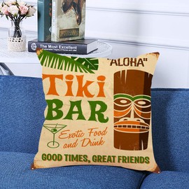 Ofocam Hopyeer Tiki Bar Throw Pillow Cover Vintage Polynesian Statue with Tropical Drink Funny Quote Words Design Square Decorative Throw Pillow Cushion Case 18 x 18 Inches Pillowcase