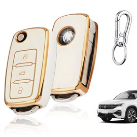 Ruayia Autoschlssel Hlle Kompatibel mit VW, TPU Silikon Schlsselhlle Cover fr Volkswagen VW Beetle CC EOS Golf GTI Phaeton R32 Rabbit, 3-Tasten - Goldener Rand-Wei?