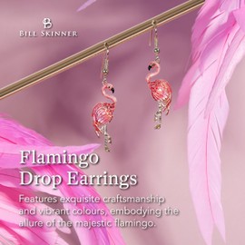 Bill Skinner - Gold Drop Earrings for Women, Nature Inspired, UK Designed, Enamel Flamingo Earrings, Cottage-core Wear, Intricately Detailed with Silky Pouch, Beautiful Gift for Her Birthday