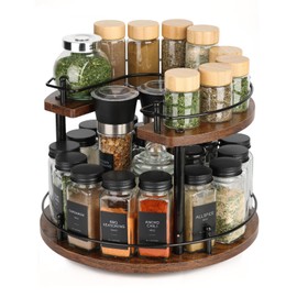 Turntable Lazy Susan Organizer Spice Rack, 2 Tier Wooden Spinning Organizer Height Adjustable, 12'' Seasoning Organizer Rotating Spice Rack for Cabinet,Countertop Kitchen,Dining Table,Vanity Storage
