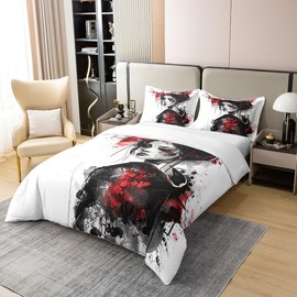 Loussiesd Children's Japan Art Geisha Cotton Bed Linen Set 135 x 200 cm Boys Girls Cherry Blossom Bed Set Japanese Style Duvet Cover Set Japanese Tradition Aesthetic Duvet Cover