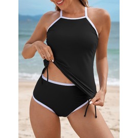 Aleumdr 2 Piece Tankini Swimsuits for Women Color Block Tummy Control Bathing Suit Halter Tankini Tops with High Waisted Shorts Womens Swim Suit 2024 Black Large