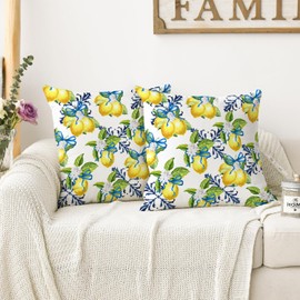 Qinqingo Yellow Lemon Pillow Covers, 18x18 Inch Decorative Throw Pillow Cases with Blue Bowknot, Farmhouse Summer Lemon Green Leaf Floral Cushion Cover for Outdoor Decor, Set of 2