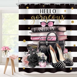 Cinbloo Fashion White and Black Shower Curtain 60Wx72H Girly Pink Rose Flower Perfume Shower Curtain for Girls Women High Heels Book Bath Curtain Fabric Modern Striped Bathroom Decor with 12 Hooks