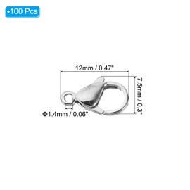 PATIKIL 12x7.5mm Lobster Clasp, 100Pcs 304 Stainless Steel Lobster Claws Clasp Connector for Crafting DIY Jewelry Making Key Chains Bracelet Necklace Hook, Silver