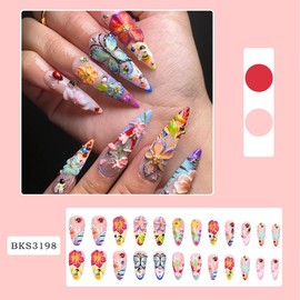 Colored Flower Press on Nails Medium Almonds Fake Nails with Rhinestones Design French Tip False Nails Reusable Cute Butterfly Glue on Nails Spring Stick on Nails for Women Manicure Salon 24Pcs