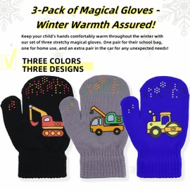 HACHWAIZZ 3 Pairs Kids Winter Knitted Mittens – Toddler Full-Finger Stretch Gloves for Boys – Soft, Warm & Cozy (3 Pairs – Truck) (3 Pairs - Truck A, 1-3 T)