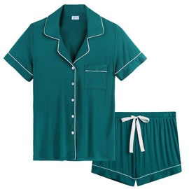 Amorbella Button Pajama/Pj Sets for Women Short Sleeve Sleep Sets Jersey Knit(Green,Medium)