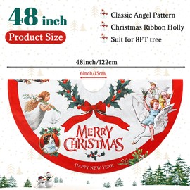 MACTING Christmas Tree Skirt, 48 Inch Angel Child Santa Claus Holly Berry Cat Tree Foot Base Cover Xmas Tree Skirt for Christmas Decoration, Xmas Home Party Indoor Decor