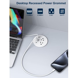 Recessed Power Grommet 3 inch with 65W USB C Ports 2 AC Outlets,Recessed Outlet Fast Charging Station,Desk Hole Grommet Outlets,Round Desktop Power Grommet Outlet for Office,Home,Nightstand (White)