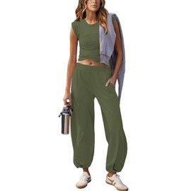 Outfeel Women 2 Piece Outfit Set Loungewear Cropped Tops and Jogger Sweatpant Matching Set Coordinated Sweatsuit with Pockets, Army Green, X-Large