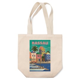 Lantern Press Nassau, Bahamas, Waterside Dock, Lithograph (100% Cotton Canvas Reusable Tote Bag)