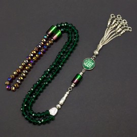 Special for Women Muslim Prayer Beads, 99 Beads - Tesbih-Tasbih-Tasbeeh-Misbaha-Masbaha-Subha-Sebha-Sibha-Worry Beads (Dark Green & Purple Crystal - 6x8 mm-Beads - Allah Tasselt)