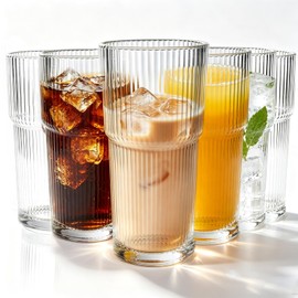 Set of 6 Ribbed Large Drinking Glasses, 18oz Glass Tumbler, Highball Glass Cups ,Clear Glassware, Drinking Glasses for Iced Coffee, Water, Juice,Cocktails, Barware,Beer, Iced Tea, Housewarming Gift