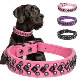 Pimaodog Studded PU Leather Dog Collars for Small, Medium, Large Dogs, Pitbull, Mastiff, Labrador, Boxer, Rottweiler, German Shepherd (Hot Pink, XL)