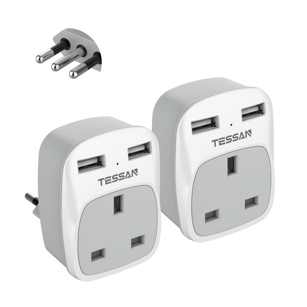 Italy Travel Plug Adapter 2 Pack, TESSAN UK to Italian Power Adaptor with AC Outlet 2 USB Charging Ports, Type L Plug for UK to Italy Chile Ethiopia Libya Syria Tunisia Uruguay