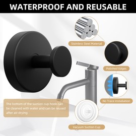 FANYITY 2-Pack Black Suction Cup Hooks for Shower and Bathroom - 15lbs Heavy Duty Shower Hooks for Glass Door, Mirror, Tile Wall | Bathroom Towel Holder, No Drill Hanging Hangers(Suction Cup Black 2)